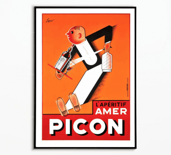 Panneau publicitaire vintage Picon avec personnage stylisé.