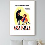 Affiche vintage Loterie Nationale avec un chien et une enfant, illustrant le Petit Chaperon Rouge.