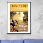 Affiche vintage Lisbonne avec bateau sur le fleuve, palmiers et oiseaux colorés.