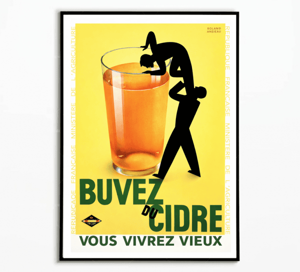 Affiche vintage promotion cidre vieux, illustration d’un homme buvant du cidre dans un verre.