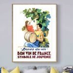 Affiche vintage "Bon vin de France" avec symbole de jeunesse, idéale pour décoration de cave ou cuis.