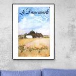 Affiche vintage danoise, illustration d'une maison dans un champ, style aquarelle.