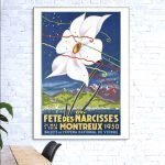 Affiche vintage pour la fête des narcisses à Montreux en 1930, avec un design floral coloré et un pa.