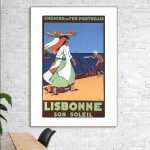 Affiche vintage de Lisbonne avec scène portugaise traditionnelle.