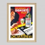 Affiche vintage Deniset Pontarlier avec bouteille et verre de vin, illustrant un style rétro et auth.