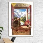 Affiche vintage représentant la station de Pontresina en Suisse, avec montagnes et paysage alpin.