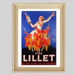 Affiche vintage Lillet Kina avec une femme élégante entourée de raisins et de feuilles de vigne.