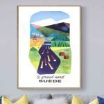 Affiche vintage représentant un paysage suédois avec montagnes, forêt et routes.