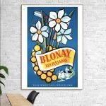 Affiche vintage de Blonay avec fleurs et paysage.
