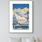 Affiche vintage de la station de ski Engelberg en Suisse, avec montagnes enneigées et skis.