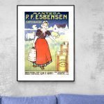 Affiche vintage P.F. Esbensen, illustration colorée d'une femme en costume traditionnel danois, avec.