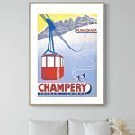 Affiche vintage de la station de ski Engelberg en Suisse, avec télécabine et montagnes en arrière-pl.