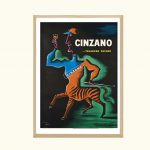 Balade rétro d'une affiche vintage Cinzano avec un homme et un tigre stylisés.