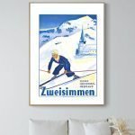 Affiche vintage de Zweisimmen avec skieur et paysage enneigé.