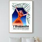 Affiche vintage illustrant une femme en robe rouge, symbolisant l'humanité et la liberté.