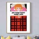 Affiche vintage SNCF avec train et message de voyage heureux, idéale pour décoration rétro.