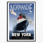 Affiche vintage de la croisière Normandie vers New York, avec détails du voyage transatlantique.