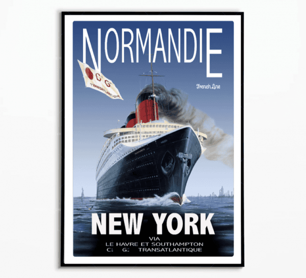 Affiche vintage de la croisière Normandie vers New York, avec détails du voyage transatlantique.