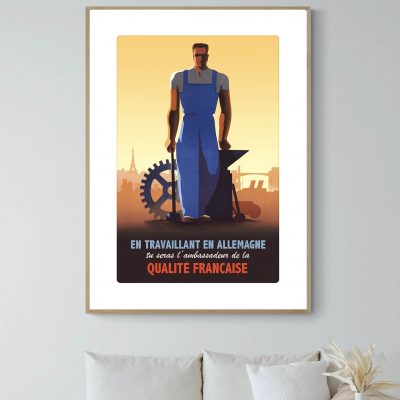 Affiche vintage d'un ouvrier allemand avec outils et usine en arrière-plan.