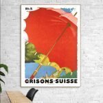 Affiche vintage représentant un parapluie rouge avec paysage suisse en arrière-plan.
