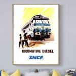 Affiche vintage de train SNCF avec locomotive diesel pour un voyage nostalgique. Parfait pour décora.