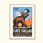 Affiche vintage de Café Collas avec éléphant et publicité pour perles des Indes.