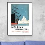 Affiche vintage de Helsinki avec bateau et architecture finlandaise.