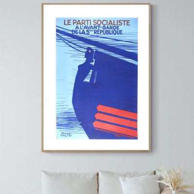 Affiche vintage socialiste avec texte et illustration en bleu et rouge.