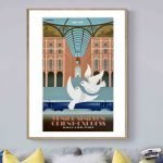 Affiche vintage SNCF avec pigeons et gare, style rétro, idéale pour décoration voyage.