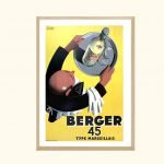 Affiche vintage Berger 45, style marseillais, avec un personnage servant un verre de pastis.