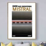 Affiche vintage SNCF de 1969 avec design Mistral, idéale pour décoration rétro sur le thème du voyag.