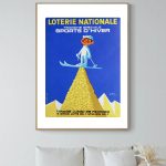 Affiche vintage de la Loterie Nationale pour la saison d'hiver, mettant en avant un personnage skian.