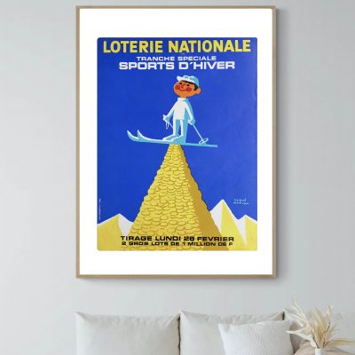 Affiche vintage de la Loterie Nationale pour la saison d'hiver, mettant en avant un personnage skian.