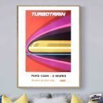 Affiche vintage de train SNCF avec design rétro et couleurs vives, évoquant le voyage en train et la.