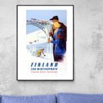 Affiche vintage Finlande pour sports d'hiver avec train et skieurs.