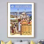 Affiche vintage du train Orient-Express avec images de la mosquée et du paysage turc.