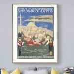 Affiche vintage de voyage en train, illustrant la route Simplon-Orient-Express entre Paris et Istanb.
