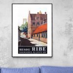 Affiche vintage de Ribe, ville historique du Danemark, mettant en valeur son architecture ancienne e.