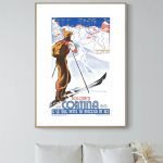 Vignette vintage pour affiche de ski à Cortina, Suisse, avec pistes de ski et montagnes.