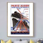 Affiche vintage de train SNCF avec itinéraire Paris-Alger, évoquant le voyage et la nostalgie ferrov.
