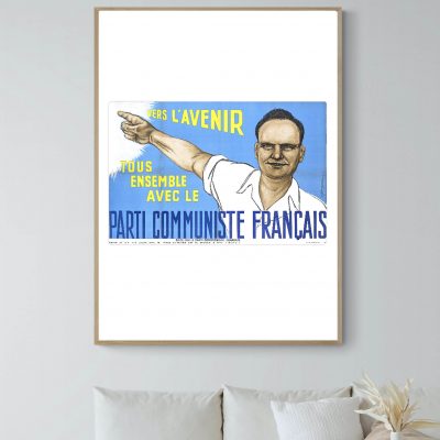 Affiche vintage avec un portrait d'un homme pointant vers la droite, slogan politique en français.