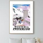 Affiche vintage représentant un paysage d'hiver en Suisse avec montagnes enneigées.