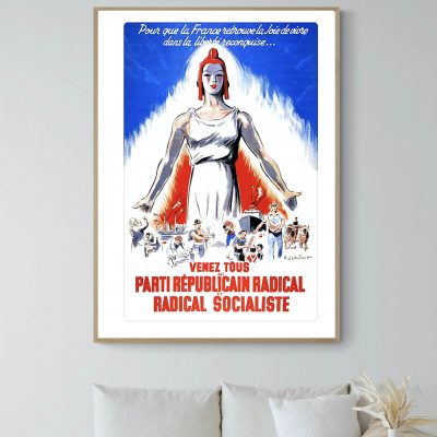 Affiche vintage féministe et révolutionnaire avec une femme en blanc et un message politique en fran.
