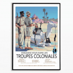 Affiche vintage représentant des soldats coloniaux avec un chameau dans un décor désertique.
