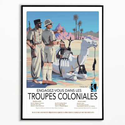 Affiche vintage représentant des soldats coloniaux avec un chameau dans un décor désertique.