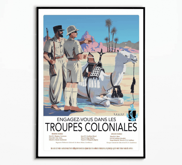 Affiche vintage représentant des soldats coloniaux avec un chameau dans un décor désertique.