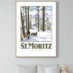 Affiche vintage de la Jungfrau, montagne emblématique en Suisse, avec forêt enneigée et groupe de to.
