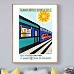 Affiche vintage de trains auto couchéttes, style rétro coloré.