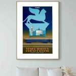 Affiche vintage de Venise avec un lion ailé, gondole et architecture emblématique.