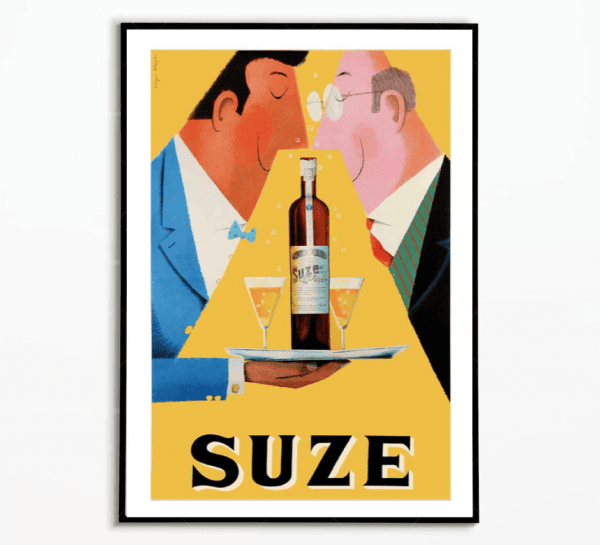 Affiche vintage Suze avec deux hommes dégustant un apéritif.